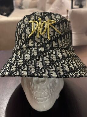 Dior Monogram Bucket Hat in Black and Cream with Gold Accent